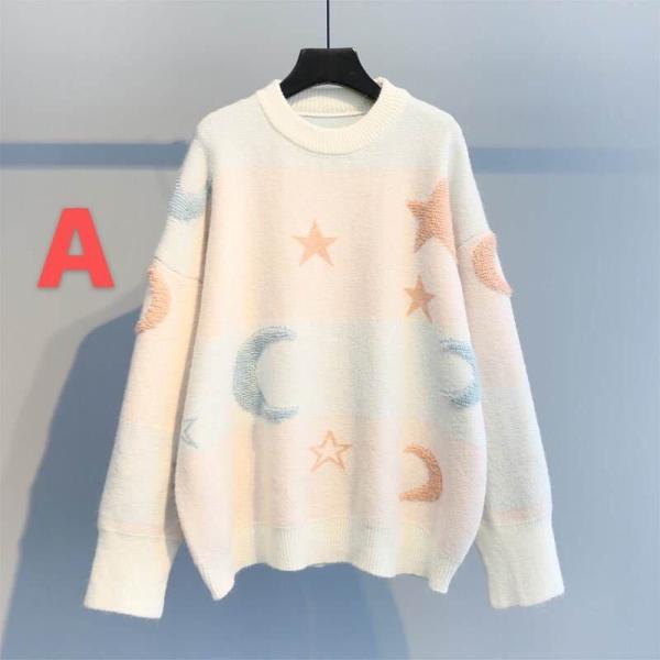 ニットセーター レディース  厚手 秋冬 ゆったり 月星柄　丸ネック (4色S-3XL)LUBA115