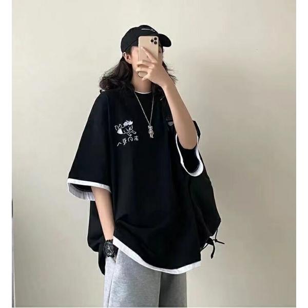 半袖tシャツ 大きいサイズ レディース 重ね着風 ビッグtシャツ 無地 カットソー 半そでTシャツ tシャツ ゆるカットソー 夏服 半袖  LUFA027(3色M-4XL)