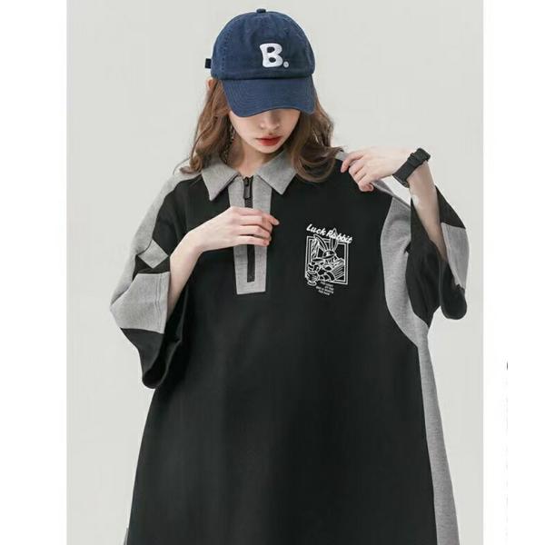 半袖tシャツ レディース 半袖 ビッグtシャツ 大きいサイズ トップス 夏 Poloネック BF風 シンプル ゆったり サイドライン ファッション LUFA028(2色L-4XL)