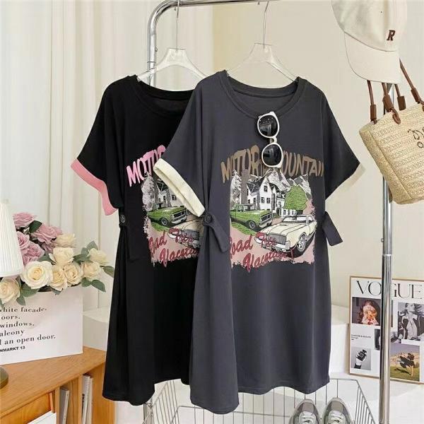 半袖tシャツ レディース トップス 半袖 tシャツ 大きいサイズ カットソー 夏服 薄手 プリント 丸首 ビッグシルエット ゆるカットソー  LUFA117(2色L-4XL)
