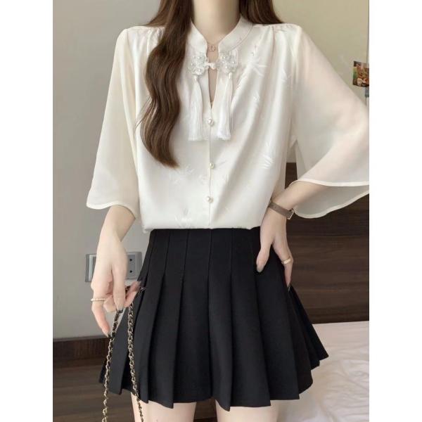 半袖tシャツ レディース チュニック トップス 中華風 半袖 シフォン カットソー 夏服 薄手 大きいサイズ 無地 丸首 ビッグシルエット  LUFA125(2色L-4XL)