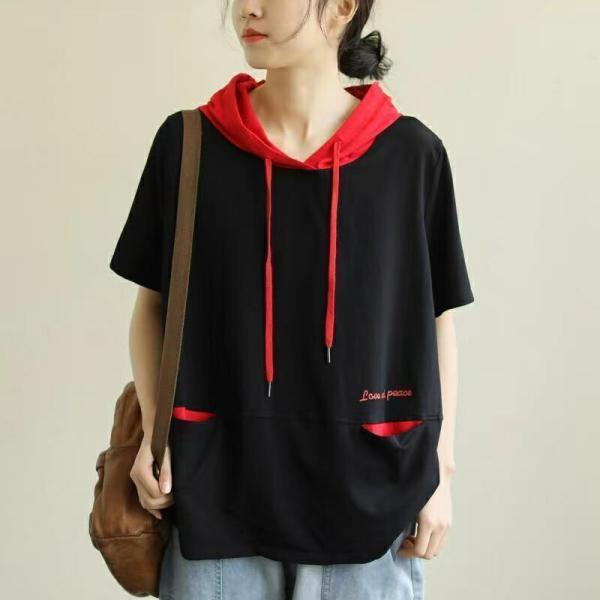 tシャツ パーカー フード付き レディース 半袖 無地 半袖tシャツ ゆったり 薄手パーカー 大きいサイズ フードトレーナー 夏服 カットソー LUFA130(3色L-5XL)