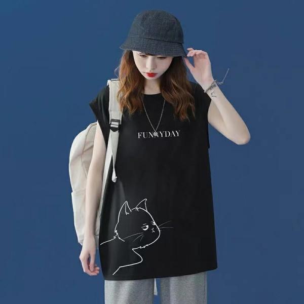 tシャツ レディース ノースリーブ トップス 猫柄 丸首 カットソー 薄手 夏服 ビッグシルエット ゆるカットソー 大きめ ゆったり 体型カバー LUFA134(3色M-3XL)