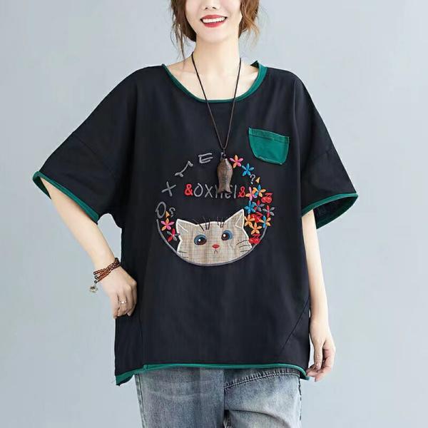 半袖tシャツ レディース トップス 半袖 tシャツ カットソー 薄手 夏服 カジュアル 刺? 猫柄 ゆるカットソー 丸首 大きめ 体型カバー LUFA140(2色XL-5XL)