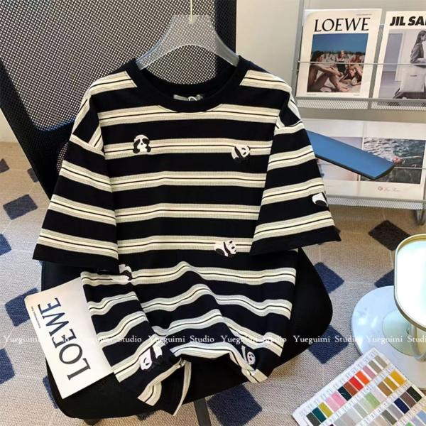 半袖tシャツ レディース トップス 半袖 tシャツ 刺しゅう ボーダー柄 パンダ柄 大きいサイズ カットソー 薄手 丸首 カジュアル シンプル LUGA048(M-4XL)