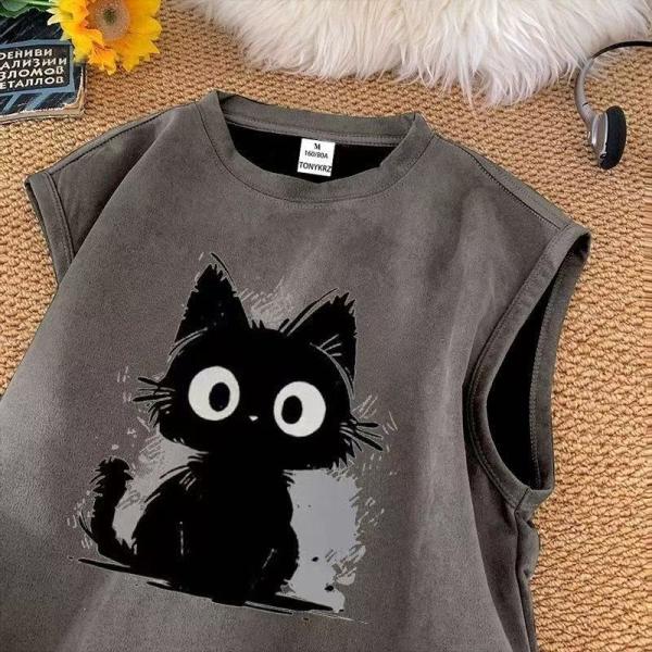ノースリーブtシャツ レディース トップス tシャツ 大きいサイズ カットソー 薄手 丸首 カジュアル プリント tシャツ 猫柄 ゆるカットソー LUGA106(6色M-5XL)