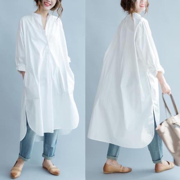 シャツワンピース レディース ゆったり 綿 大きいサイズ 長袖 ロング(L-XL)LWBS047
