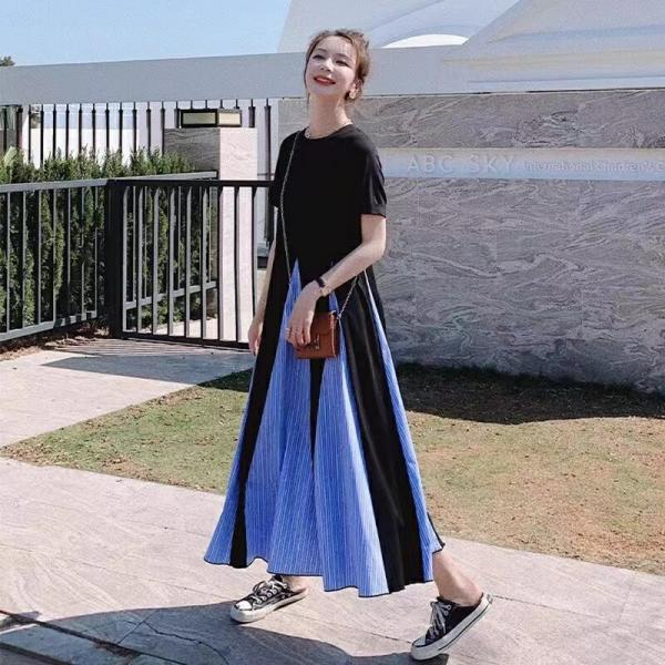切替ワンピース ロングワンピース レデイーズ ストレイプ柄 きれいめ 半袖 ワンピース 春 夏 体型カバー 丸首 着痩せ ゆったり LWFA107(2色L-4XL)