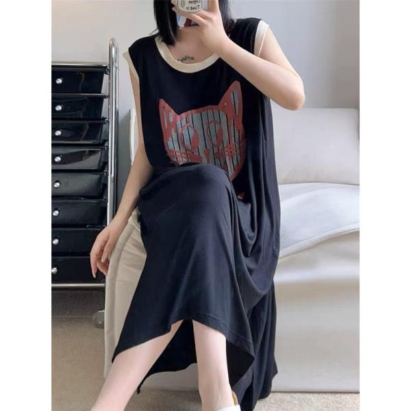 tシャツワンピース ルームウェア ノースリーブ 大きいサイズ パジャマ 部屋着 キャミソール 猫柄 ゆったりワンピース 夏 ロング LWGA066(3色M-4XL)