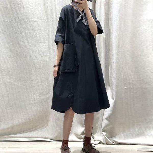 ロングワンピース レディース 半袖ワンピース 体型カバー ロングワンピース aライン 春夏 ゆったり 大きいポケット 半袖 無地 丸首 LWGA100(3色フリー)