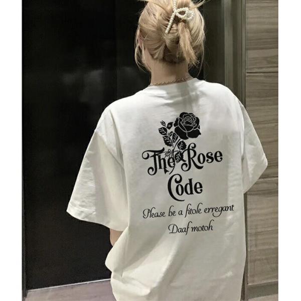 半袖tシャツ レディース トップス 半袖 tシャツ カットソー 夏服 薄手 プリント 花柄 薔薇柄 バラ柄 丸首 英文字 カジュアル ゆるカットソー  SLUC052(2色S-3XL)