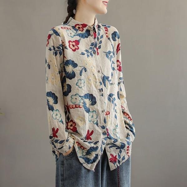 ブラウス 長袖 シャツ レディース トップス 春 夏 秋 前ボタン 総柄シャツ プリント 長袖ブラウス 総柄 トップス ゆったり 薄手 夏服 春物 通勤 SLUC057(M-4XL)