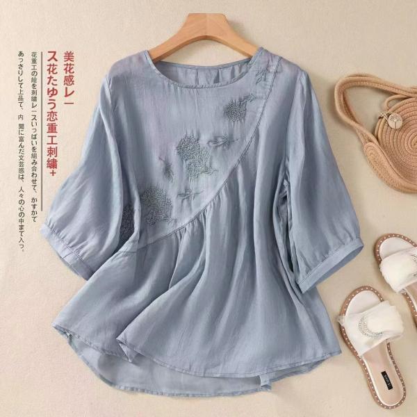 tシャツ レディース シャツブラウス 刺繍 ブラウス 夏 七分袖 クルーネック  プルオーバー 裾フレア カットソー  ぽわん袖 ゆったり  SLUC070(4色M-3XL)