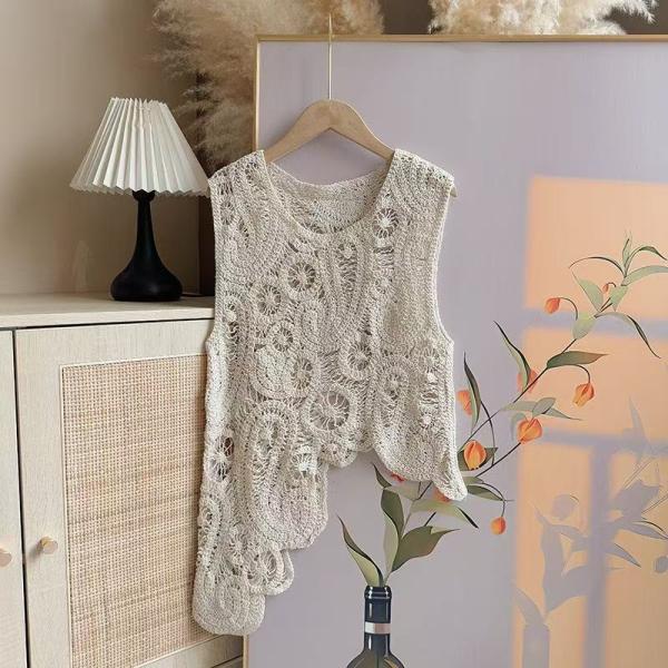 レディース サマーニット レース 花柄 春 夏 トップス カットソー ノースリーブ レディース Tシャツ シースルー フラワー 透かし編み ゆったり SLUD048(S-L)