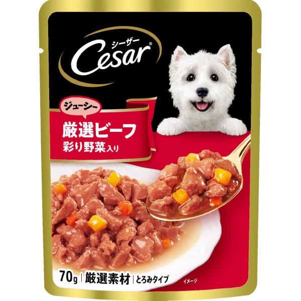 他サイト： シーザー パウチ 成犬用 70gx16袋 ジューシー厳選ビーフ 彩り野菜入り 厳選素材 水分補給 とろみタイプ ウェットフード ドッグフードの商品画像