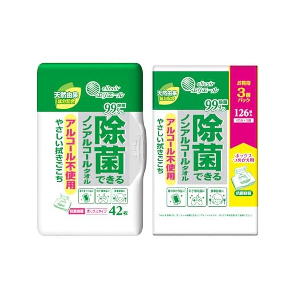 他サイト： エリエール セット 除菌できるノンアルコールタオル ボックス本体 42枚 ウェットティッシュ+詰替え3パックの商品画像