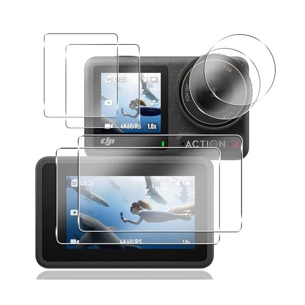 2+2+2枚セット 対応 DJI Osmo Action 4 ガラスフィルム 4枚 + レンズ保護フィルム 2枚 メイン画面用2枚 + サブ