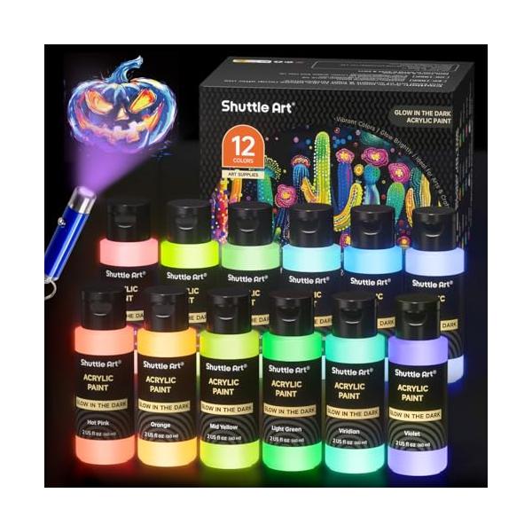 Shuttle Art アクリル絵の具 暗闇で光るペイント 12色セット 60ml UVブラックライト付き 夜光色 自発光式ネオンペイント