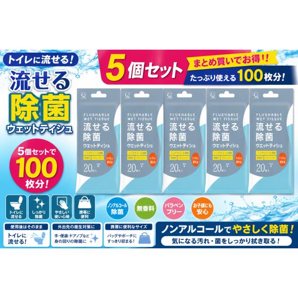 流せる除菌ウェットティシュ 20枚入 トイレに流せる ノンアルコール 無香料 パラベンフリー 除菌シート コットンラボ 5個セット
