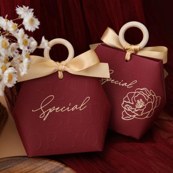 ギフトバッグ 木製リング付きリボンボックス （全6色） 結婚式／誕生日／お菓子ラッピング用