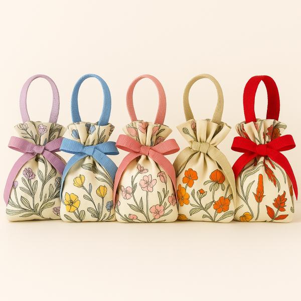 巾着袋 花柄 和風 ギフト袋 コットン生地×リボン付き おしゃれで上品なミニバッグ（全5色・香り袋や贈り物にも）
