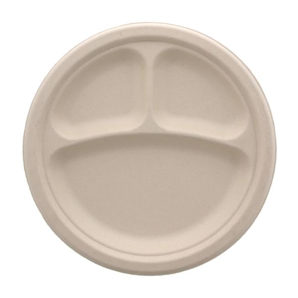 サトウキビの搾りカスから精製された非木材系の天然パルプ「バガス」を使用した環境配慮型のペーパーウェアです。燃えるゴミとして処理できます。丸皿タイプ、3仕切り付き。水や油に強く、イベントでの使用や、アウトドア・ホームパーティなどで活躍します。...