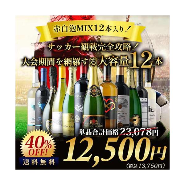 ワイン ワインセット ミックス サッカー観戦完全攻略！大会期間を網羅する大容量12本セット 赤4本＆白4本＆泡4本 送料無料