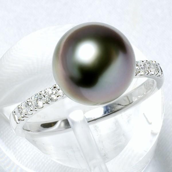 タヒチ黒蝶真珠 10石ダイヤ パールリング（指輪） グリーン系 9mmUP