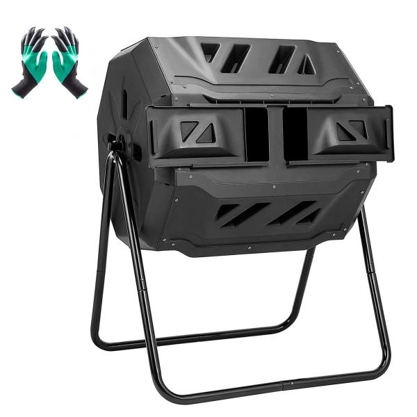 大型160L 回転式コンポストバレル、屋外オールシーズン用360度回転式2層式ごみ箱 、ヘビーデューティーコンポスタ 好気性堆肥、キッチン廃棄物の並べ替え、ブラ
