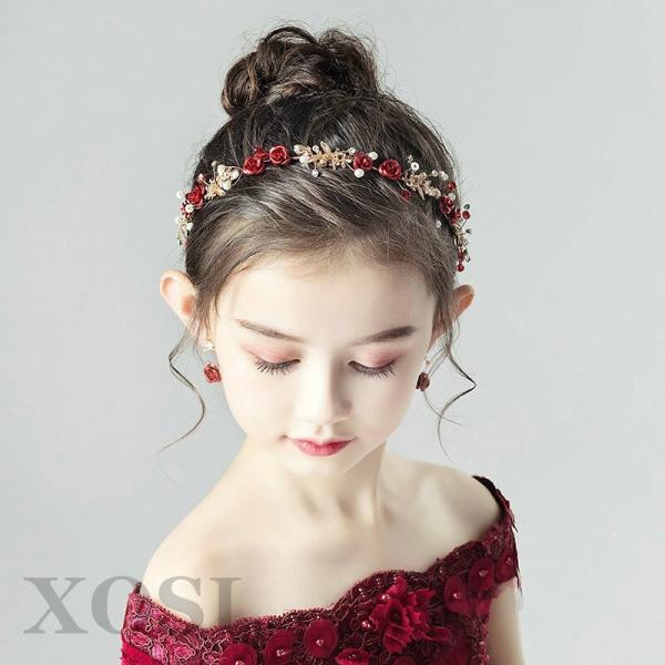 ヘアアクセサリー ヘッドドレス 子供 髪飾り 女の子 花 薔薇 フラワー ティアラ カチューシャ ラインストーン パール レッド ゴールド ピアノ発表会 結婚式 Www Unipymes Com