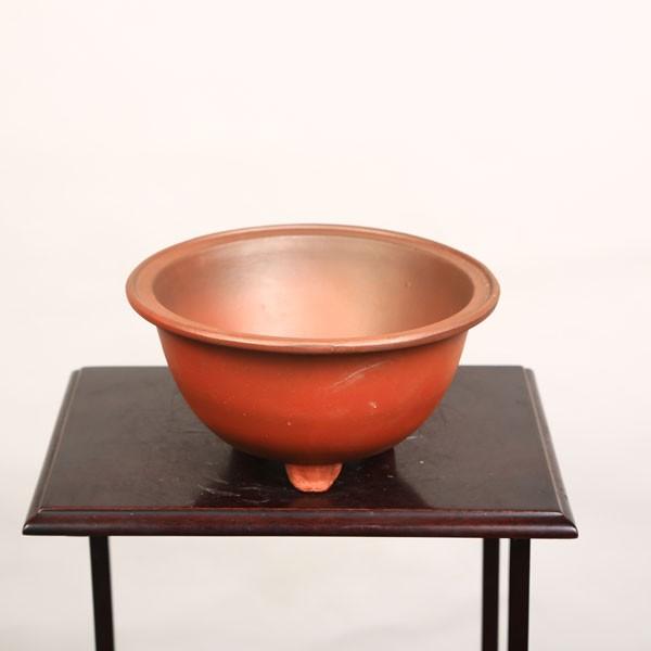 中国鉢　丸　カゴ　盆栽鉢 中国 朱泥 植木鉢 緑付丸鉢 足付 4.5号 【盆栽鉢 サボテン鉢