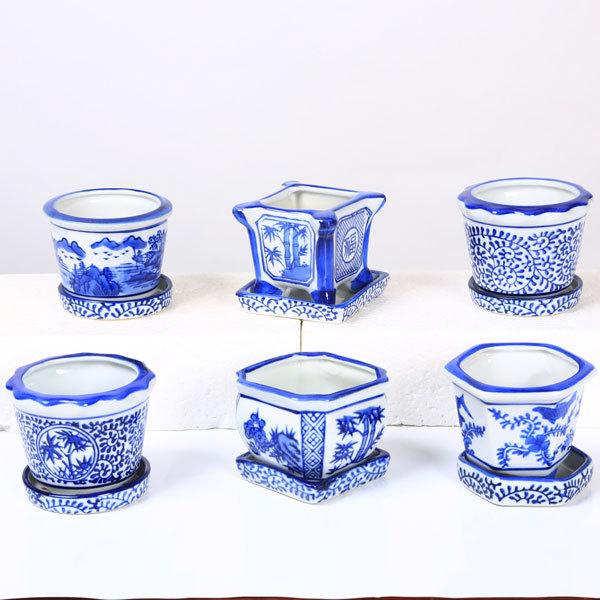 ②盆栽鉢　ミニ鉢　染付鉢　絵鉢　和鉢 楽天市場】盆栽鉢 「紀伊染付山水図楕円鉢」 植木鉢 絵付鉢 作家