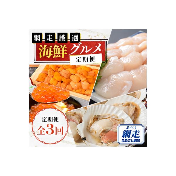 【ふるさと納税】【先行予約】【毎月定期便】網走厳選の海鮮グルメ定期便(バフン雲丹とイクラ醤油漬け・刺身帆立・片貝ホタテ)全3回 （2026年5月中旬以降発送）【人気 おすすめ ランキング いくら いくら醤油漬 うに 片貝ほたて ほたて 帆立 ホタテ 定期便 】ABAO093