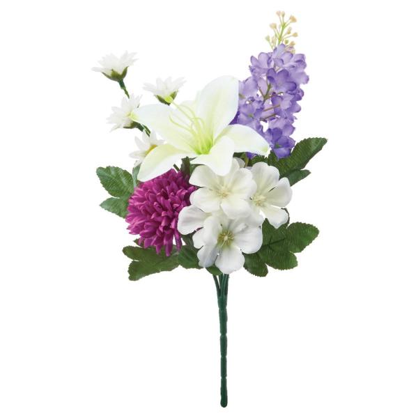 【商品仕様】(素材)全長30幅15(ポリエステル・ポリエチレン)※単位はcmです( asc2025 )( allp5 )( 15asoh )( fnrlkw ) 花束 仏壇 お墓 紫 白 ホワイト パープル 仏前 墓前 菊 百合 ユリ 造花...
