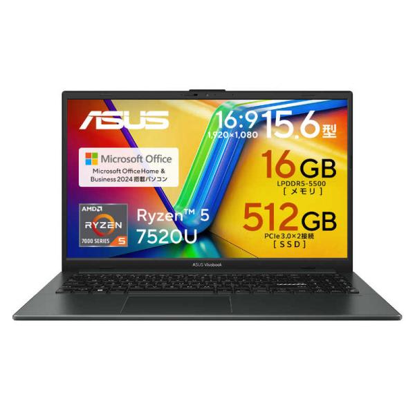 他サイト： ASUS エイスース　ノートパソコン Vivobook Go 15 [ 15.6型 / Win11 Home / Ryzen 5 / メモリ16GB / SSD512GB / Office ] ミックスブラック　E1504FA-R5165BWSの商品画像