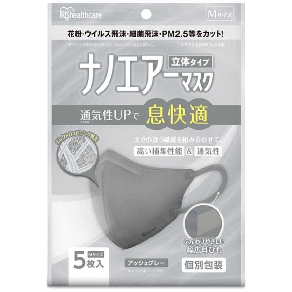 他サイト： アイリスオーヤマ　IRIS OHYAMA　ナノエアーマスク ふつうサイズ 5枚入(個包装) アッシュグレー　の商品画像