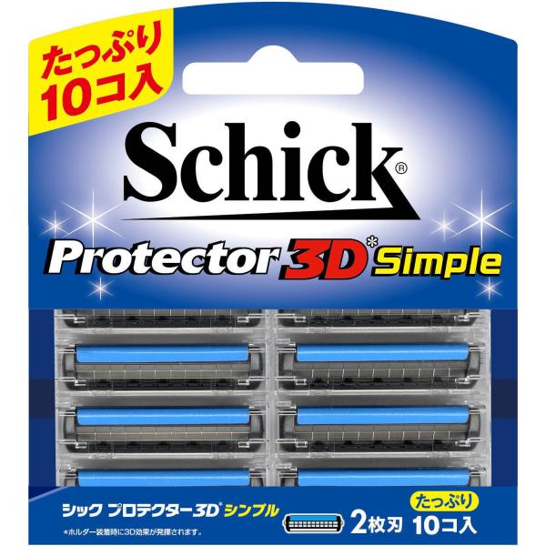 【商品名】　シック Schick プロテクター3D シンプル 替刃 (10コ入) 【商品説明】　・クリーニングシステム採用で、ヒゲやシェービング剤を簡単に洗い流せるから、刃の切れ味を保持と目詰まりを防ぐ・内容量:替刃(10コ入)・原産国:ド...