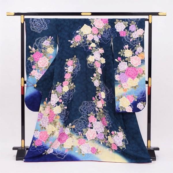 正絹振袖 中古販売 バラの花園 グリーン