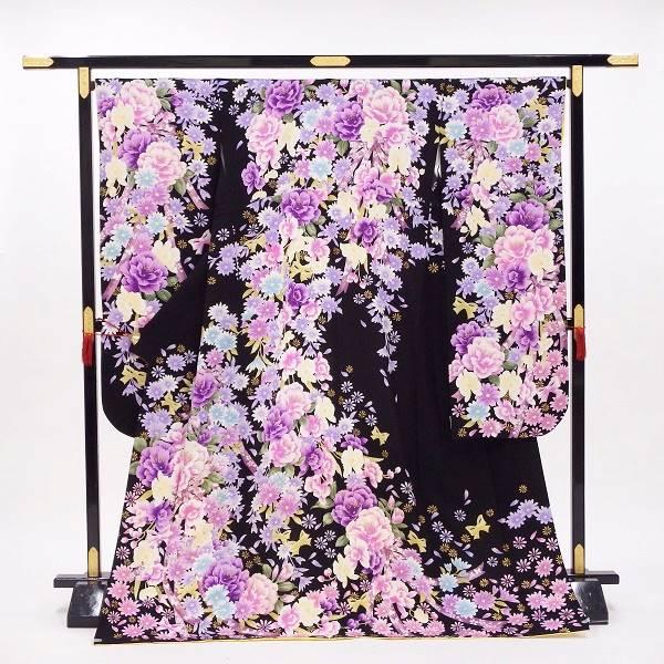 正絹振袖 中古販売 黒 夜に煌めく花園
