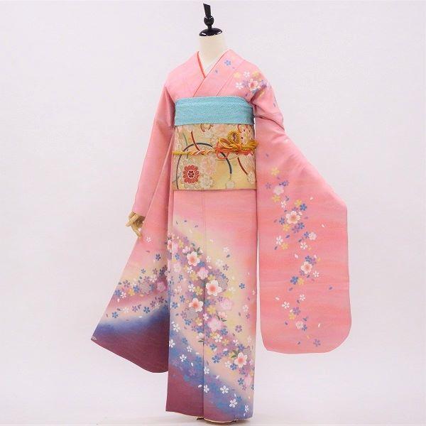 【中古】正絹振袖  販売6点セット 半衿付き長襦袢・帯・帯揚・帯〆・重衿付き シンプルなぼかし染め振袖 桜 着物だけなら16,500円（税込）