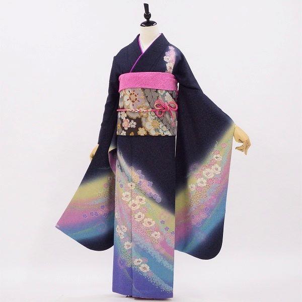 正絹振袖 写真通りの販売6点セット 長襦袢・帯・帯揚・帯〆・重衿付き 紺 花を浮かべる天の川 着物だけなら13,200円(税込)