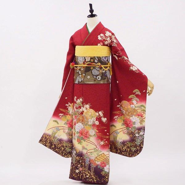 【中古】正絹振袖  販売6点セット 半衿付き長襦袢・帯・帯揚・帯〆・重衿付き 上品に着こなす古典美 赤 着物だけなら19,800円（税込）