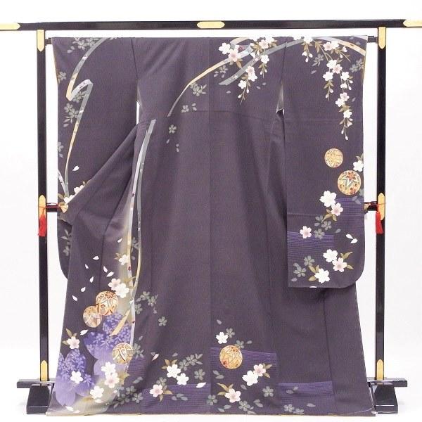 正絹表地 振袖 中古 販売　和のチャコールグレー 桜手まり