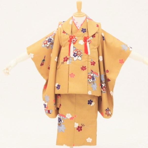 七五三 3歳 着物フルセット 【中古】【販売】ベージュ 梅　椛 桜　羽子板 髪飾りと着付け小物付き