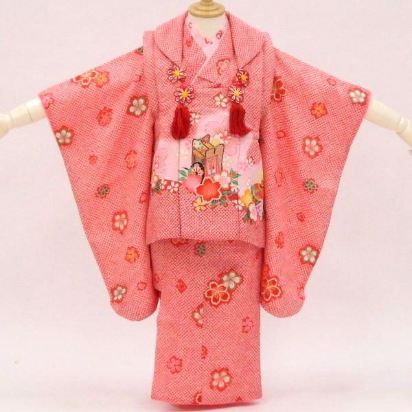七五三 ３歳 【販売 】【中古】着物フルセット 赤 かのこに桜と御所車 髪飾りと着付け小物付き