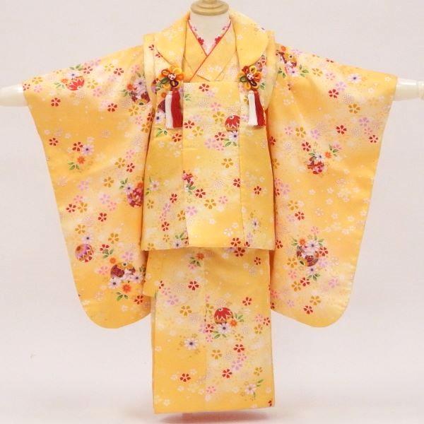 七五三 ３歳 【販売 】【中古】着物フルセット イエロー 手まりと桜小紋 髪飾りと着付け小物付き