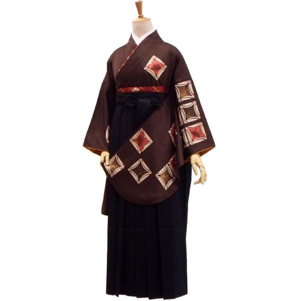 卒業袴6点セット 販売 個性派レトロなブラウン黒の袴でキリリ 身長約１５１から１６０ｃｍ対応