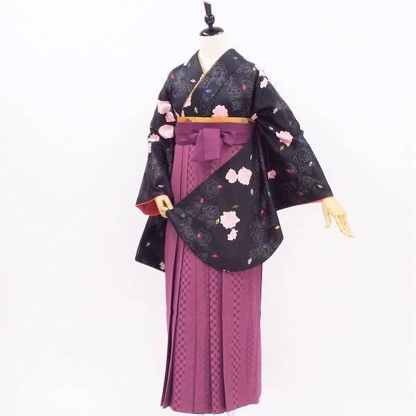 卒業式 着物と袴 6点セット販売 身長約163から166ｃｍ対応 BLACK PINKバラ