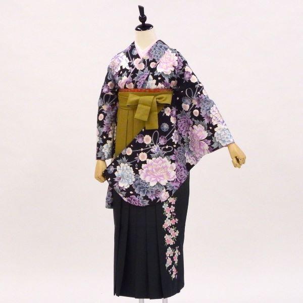 卒業式 着物と袴 6点セット販売 身長約158から162ｃｍ対応 黒 大輪の牡丹に八重桜