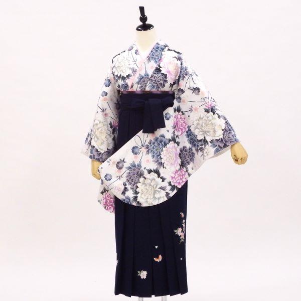 卒業式 着物と袴 6点セット販売 身長約158から162ｃｍ対応 白 大輪の牡丹に八重桜